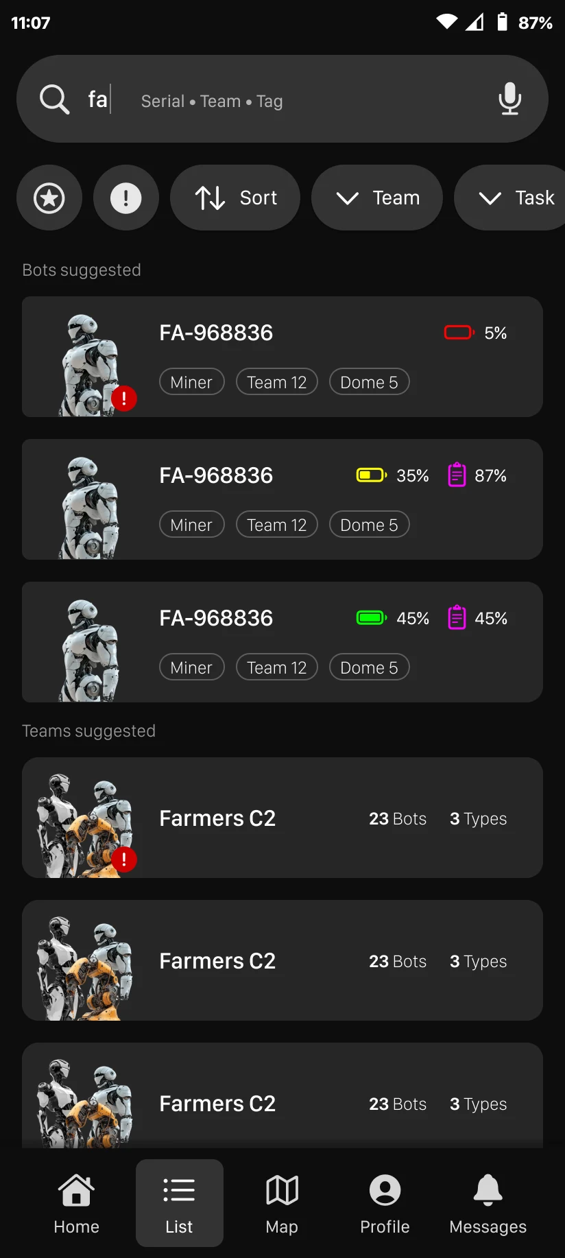 List section for searching bots and teams