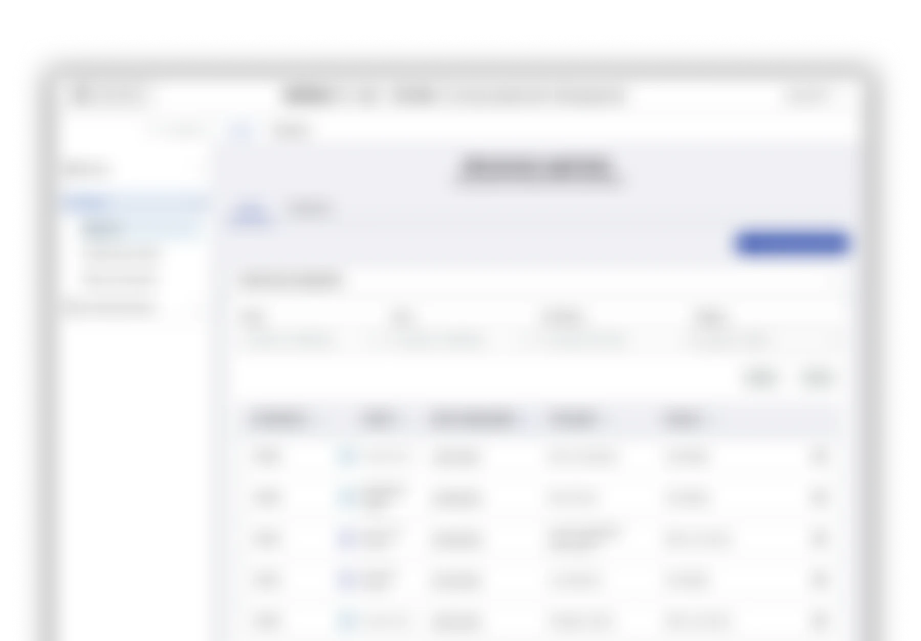 Back-office application screen, blurred for confidentiality
